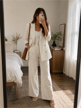 Derek Lam 10 Crosby Pinstripe Linen Blend Double Breasted Suit Set White Size XS